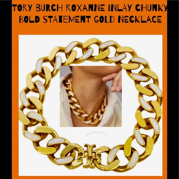 šTory Burch Roxanne Inlay Chunky Bold Statement Gold Necklace - Picture 6 of 10